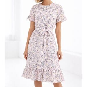 NEW Luxology Floral Midi Dress Small Tie Waist A-Line Ruffle Hem Cottage NWOT